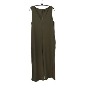 Emery Rose Womens Olive Green V-Neck Sleeveless Wide Leg Jumpsuit Large Pockets